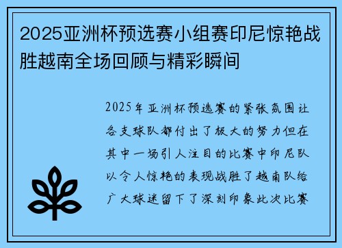 2025亚洲杯预选赛小组赛印尼惊艳战胜越南全场回顾与精彩瞬间